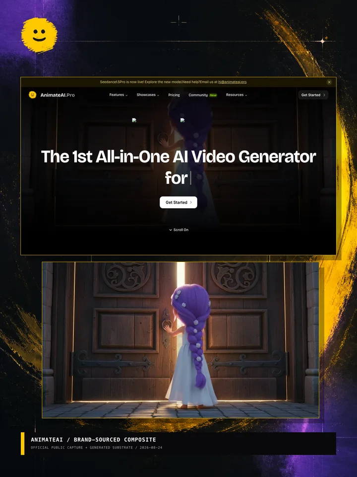 AnimateAI archive composite using the official smile mark, current public site capture, official animation still, and a cinematic substrate