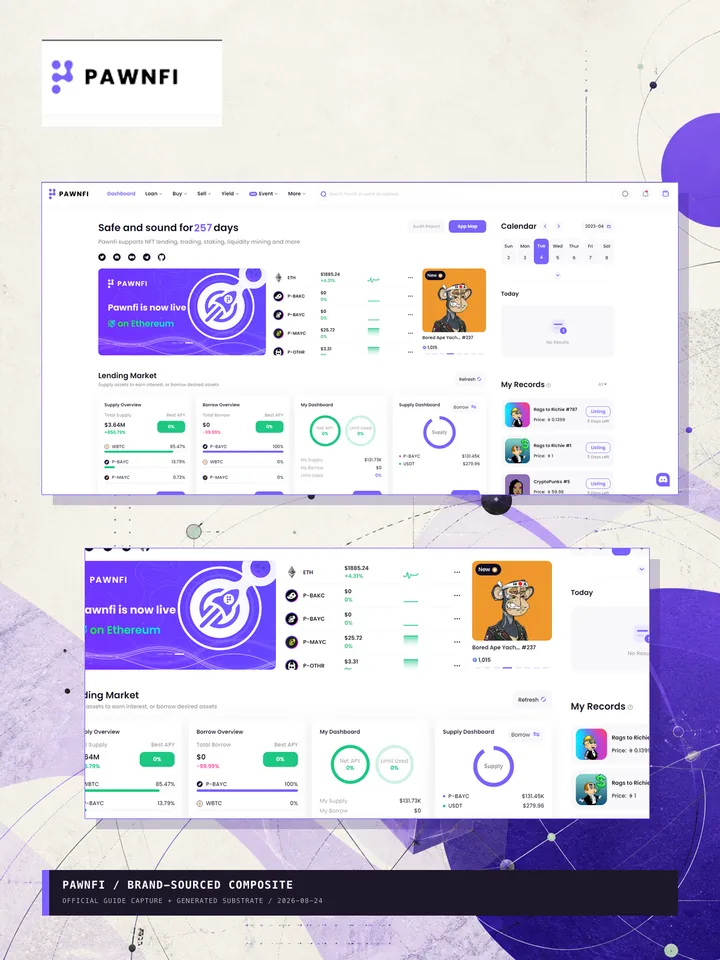 PawnFi archive composite using the official mark, historical dashboard capture, and a violet protocol-liquidity substrate