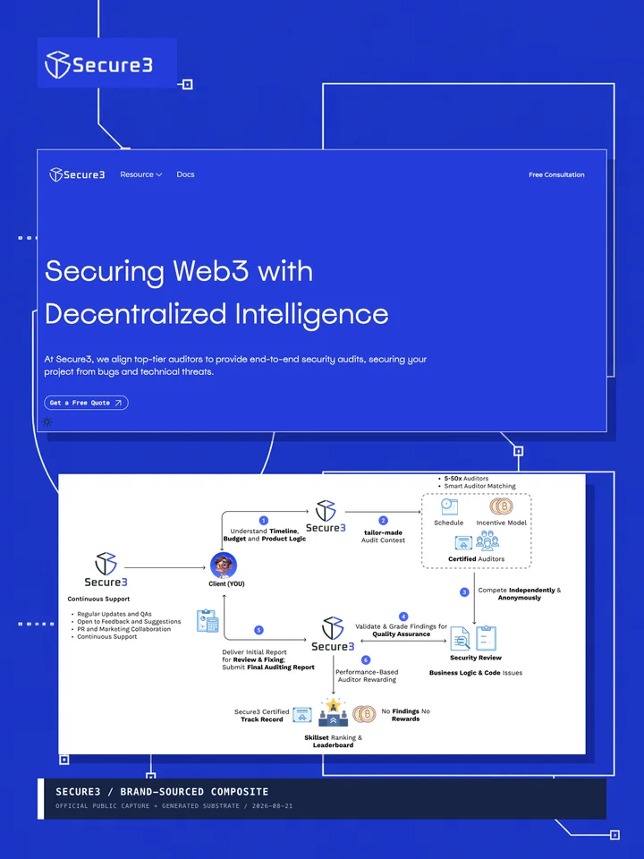 Secure3 archive composite using the official homepage, audit-process artwork, and a brand-aligned technical substrate