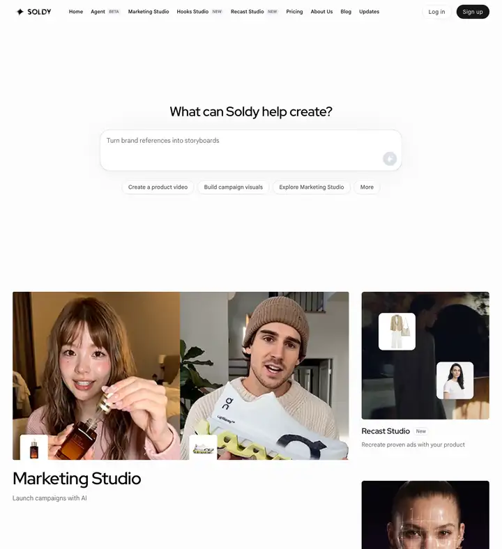 Captured Soldy homepage showing its light AI advertising workspace and studio catalog