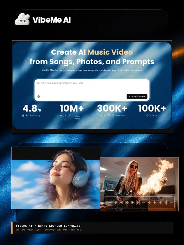 VibeMe archive composite using the official logo, current public hero, and official music-video imagery